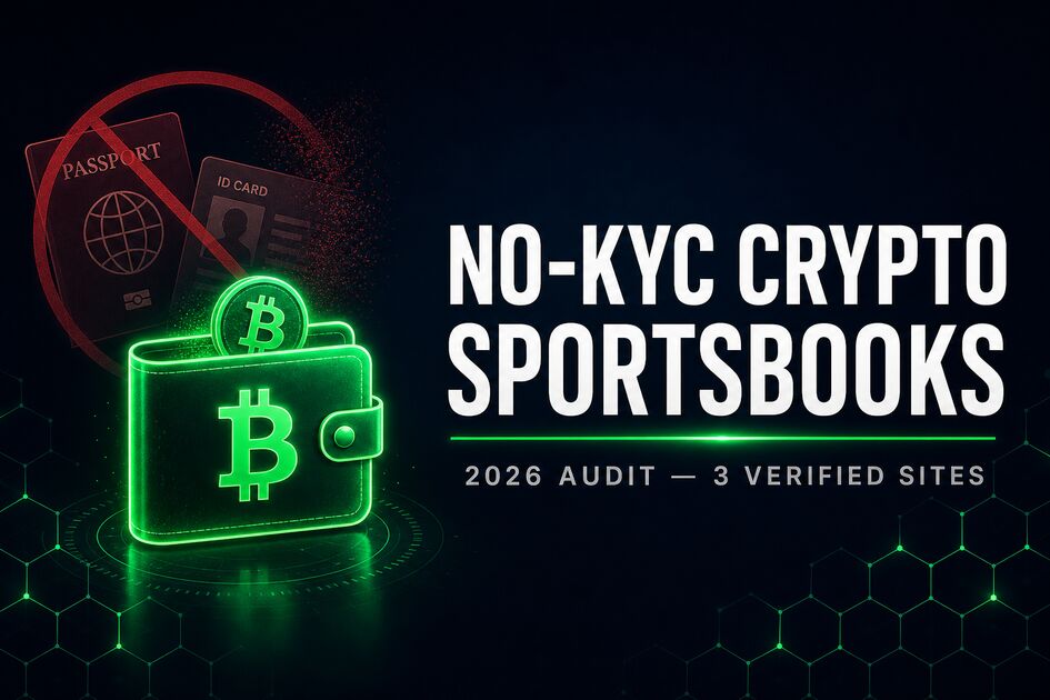 Comparison illustration of no-KYC crypto sportsbooks audit 2026 — passport documents fading behind a Bitcoin wallet, neon green branding